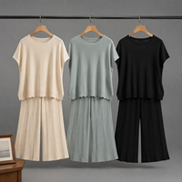 Ensemble deux pièces tricoté en polyester et coton, lavable, coupe classique, col rond, manches courtes, pour femme, été, vente en gros en stock