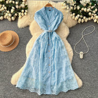 Robe décontractée élégante pour femme WIWT, coupe trapèze, broderie en dentelle, avec ceinture, col cranté, manches courtes, boutonnée, longueur midi, pour tous les jours