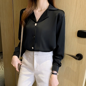 Blus Wanita Chiffon V-Neck Lengan Panjang Hitam Putih Polos Pewarnaan Sederhana untuk Kantor - Product Image 3