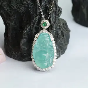S925 Silver Inlay Natural Emerald Pendant Ice-Like Blue Water God Of Wealth Necklace Factory Wholesale FC3060111