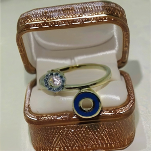 22K Pure Gold Adjustable <b>Open</b> <b>Ring</b> with Blue Enamel Circular Design | Handmade Minimal Gold Finger <b>Ring</b> for Women - Product Image 3