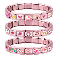 Bracelet tendance en acier inoxydable rose, style italien, à breloques, pour couple, avec motifs cœur, fleur et cerise, à assembler soi-même