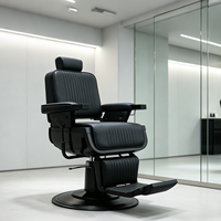 Fauteuil de Barbier Moderne Entièrement Noir en Cuir Cousu Verticalement pour la Coiffure et le Styling