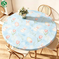 Flanell-Unterlage PEVA Rutschfeste Winddichte Runde Passende Tischdecke, Himmelblau Hasenkopf Tulpe Ei Ostern Frühling Tischdecke