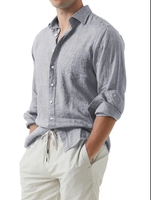 Chemises boutonnées à manches longues en coton et lin uni pour hommes avec impression numérique sur la poche avant pour la détente