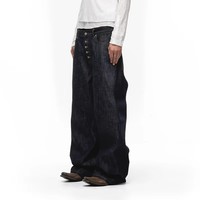 Jeans en denim indigo brut personnalisés OEM ODM pour hommes, pantalon ample structuré à jambe large avec braguette boutonnée, style ballon, vente en gros, faible MOQ
