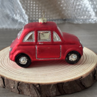 Hiasan Gantung Pohon Natal Mobil Klasik Vintage Ornamen Kaca Figur Merah Perak dengan Glitter
