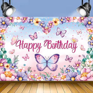 Toile de fond photographique sur le thème des anniversaires, <span class=keywords><strong>papillon</strong></span>, rose, couronne de fleurs, pour décoration de fête d'anniversaire de princesse féerique - Product Image 3