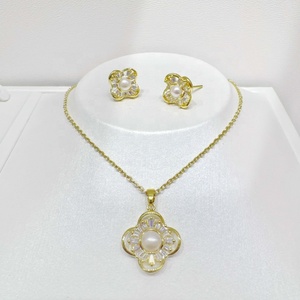 factory price 925 silver flower zirconia fashion <b>earring</b> <b>and</b> <b>necklace</b> <b>set</b> diy bridal <b>pearl</b> 14k gold plating women jewelry <b>sets</b> - Product Image 2
