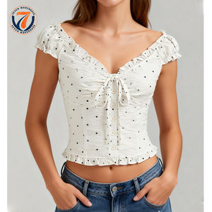 Blusa Corta de Mujer con Hombros Descubiertos, Estampado de Lunares, Mangas con Volantes, Cuello en V, Estilo Casual y Elegante, Fabricante de Camisetas de Verano - Product Image 1
