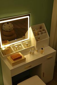 Caja de almacenamiento de maquillaje de tocador blanca con 3 <span class=keywords><strong>cajones</strong></span> Silla cómoda Toma de corriente Soporte para secador de pelo Iluminación LED de 3 colores para dormitorio - Product Image 2
