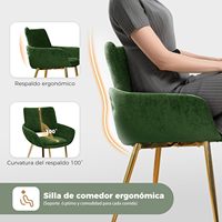 4 chaises de salle à manger en tissu vert avec dossier et accoudoirs, pieds dorés, salle à manger/cuisine, stable, 150 kg