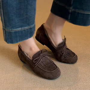 รองเท้าโลฟเฟอร์ผู้หญิงแบบสวม หนังกลับแต่งพู่ผูกโบว์ บุขนสัตว์ อุ่นสบาย ไม่ลื่น ใส่ได้ทั้งในบ้านและนอกบ้าน สไตล์ลำลอง ขายส่ง - Product Image 6