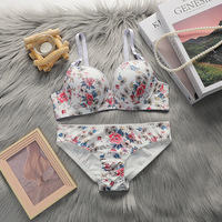 Ensemble de soutien-gorge à boutons dorsaux, ensemble 2 pièces imprimé floral, soutien-gorge et sous-vêtements, lingerie sexy pour femmes romantiques, soutien-gorge à armatures, pantalon triangle