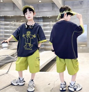 Ensemble de Vêtements pour Garçon Adolescent Été 2026 – T-shirt Imprimé <span class=keywords><strong>Bleu</strong></span> + Short – 2 Pièces Décontracté Grande Taille – 3 Couleurs - Product Image 2
