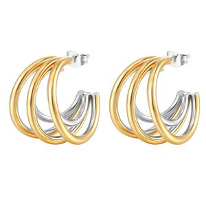 Anting-anting stud pernyataan mode dari baja tahan karat, polesan tinggi, tiga lingkaran, tabung terbuka sedang, perhiasan anting-anting hoop - Product Image 6