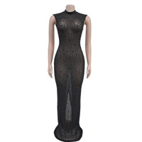 Robe longue moulante sexy pour femme avec strass, sans manches, col montant, ajustée aux hanches, en maille transparente, noir et or, vente en gros, personnalisable OEM