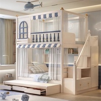 Lit superposé princesse blanc crème pour enfants avec toboggan, rangements, escaliers, tiroirs, baldaquin, fenêtre cintrée, mobilier de chambre gris bleu, barrière de sécurité