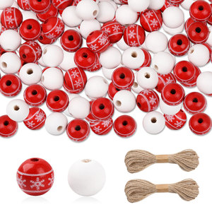 Ensemble de perles en bois en forme de flocon de neige, rouges et blancs, ornements pour sapin de Noël avec corde en chanvre pour la décoration des fêtes - Product Image 1
