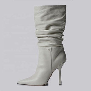 Botas Elegantes de Mujer, Sexys, de Invierno, con Tacón Cuadrado Alto, Punta Puntiaguda y Pliegues, Botas Altas hasta la Mitad de la Pantorrilla, Zapatos de Vestir de Moda para Mujer - Product Image 2