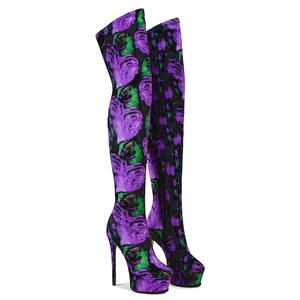 Big Size 48 Side Zipper Thigh High <b>Boots</b> Women's Stiletto Thick <b>Platform</b> Over-knee Floral Pattern <b>Boots</b> Stretchy Fabric Shoes - Product Image 6