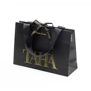 Customized Brand Logo Packaging Bags Luxury Gift Bag Boutique Paper Bag With Ribbon Handles Bolsas De Papel