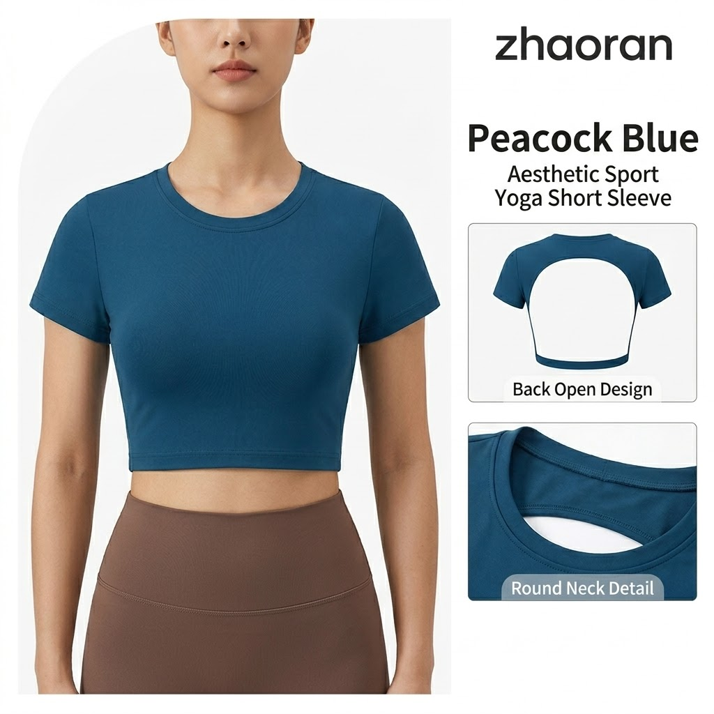 Peacock Blue Yoga Short Sleeve Wholesale Women Aesthetic Sport Crop Top Quick Dry Spandex/Nylon Backless Gym T-shirt Bulk Price
