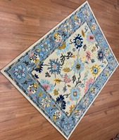 Tapis en laine tufté à la main, antistatique, écologique, insonorisant, adapté aux animaux domestiques, à poils moyens, bleu beige, motif floral sur le bord
