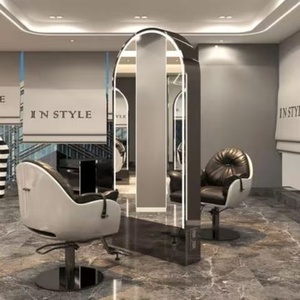 Miroir de salon double face avec cadre en acier inoxydable doré, station de coiffage avec support mural - Product Image 6