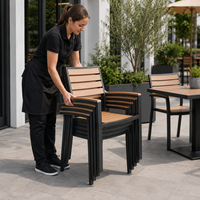 Ensemble de table et chaises de restaurant pour extérieur, résistant aux intempéries et aux UV, en aluminium, plastique et bois, avec quatre pieds, en faux teck.