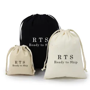 RTS low MOQ 100 bianco nero tela di cotone naturale mussola di lino con coulisse borsa per la polvere con logo