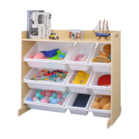 Organisateur de jouets en bois, organisateur de rangement pour jouets avec 9 bacs en plastique, solution de rangement à 3 niveaux