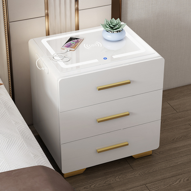 New Modern Smart Home Apartment-Friendly Bedroom 3 Color Light Wireless Charger Wooden Bedside Table with Storage Drawer