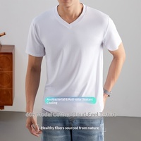 T-shirt d'été décontracté pour homme en soie glacée modale, nouveau modèle 2026, blanc uni, à manches courtes, col en V, coupe décontractée, anti-humidité