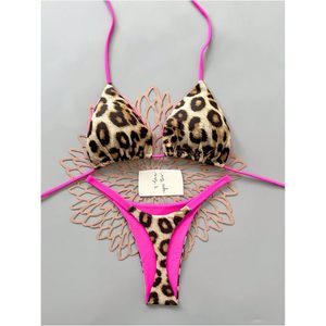 Ensemble bikini imprimé léopard pour femmes, maillot de bain 2 pièces à bretelles triangulaires avec bordure contrastée, vêtements de plage extensibles - Product Image 3