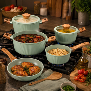 Ensemble de casseroles et poêles de haute qualité avec couvercles en verre, poignées en bois doux au toucher, revêtement céramique antiadhésif, compatible induction, en alliage d'aluminium forgé pour four - Product Image 4