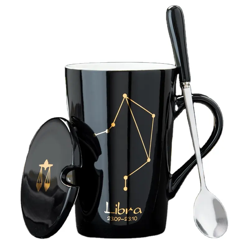 12 созвездий, керамическая кружка для кофе и молока с крышкой ложки, черная и Золотая фарфоровая керамическая чашка со знаками Зодиака, 420 мл, домашняя посуда для воды и напитков