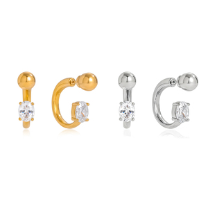 J&amp;D Elegant <strong>Silver</strong> Tone Oval CZ Huggie <strong>Hoops</strong> Stainless Steel Modern Geometric C <strong>Hoop</strong> Earrings for Women Everyday Jewelry - Product Image 6