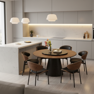 Set Tavolo da Pranzo in Legno Massello di Alta Qualità Stile Retrò Francese con Piano Girevole in Pietra Sinterizzata per Cucina e Sala da Pranzo - Product Image 1