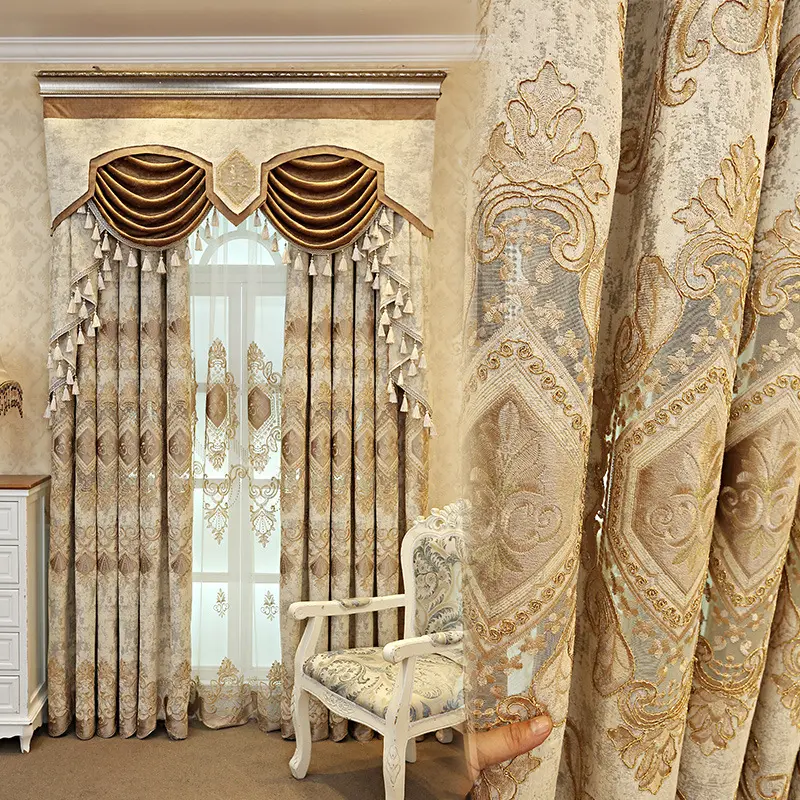 ヨーロピアンスタイルのリビングルームのカーテン仕上げ刺繍ブラックアウト生地寝室出窓カーテンカスタマイズ