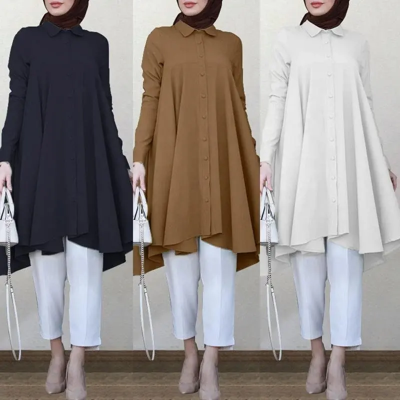 Benutzer definierte Vintage asymmetrische Frauen Herbst bluse türkische weibliche Langarm muslimische plissierte Bluse mit umgedrehtem Kragen
