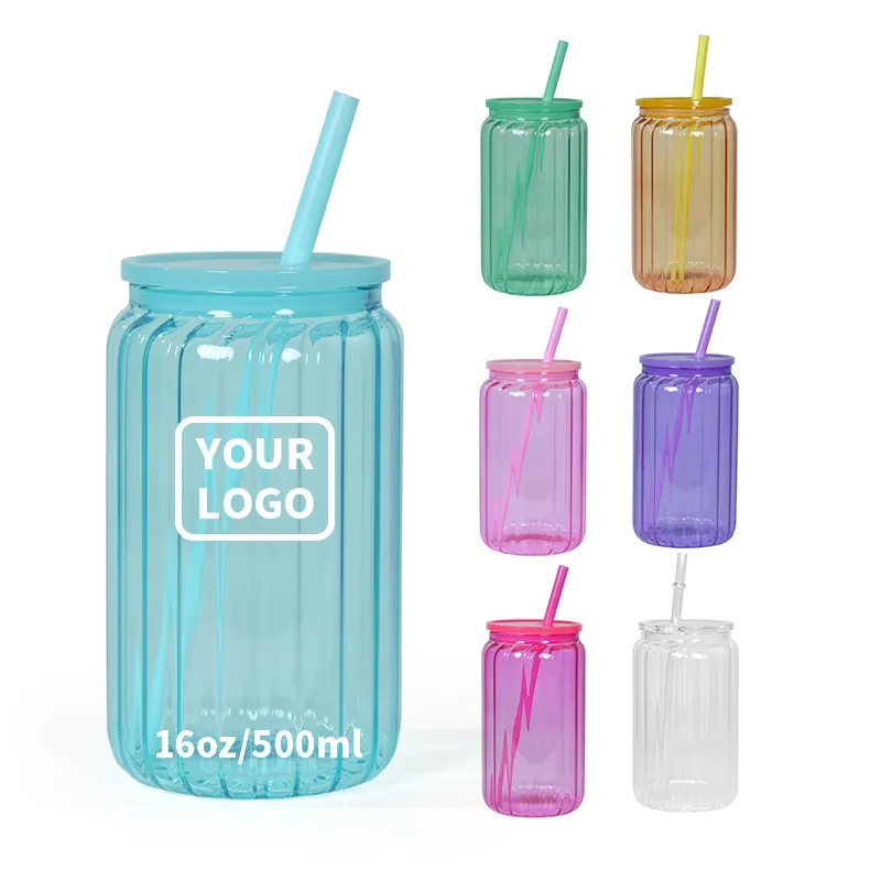 Logotipo personalizado Vasos Diseño de rayas Libby Jelly Jarras de cerveza Sublimación 16oz Lata de vidrio de color con tapa de plástico y pajita