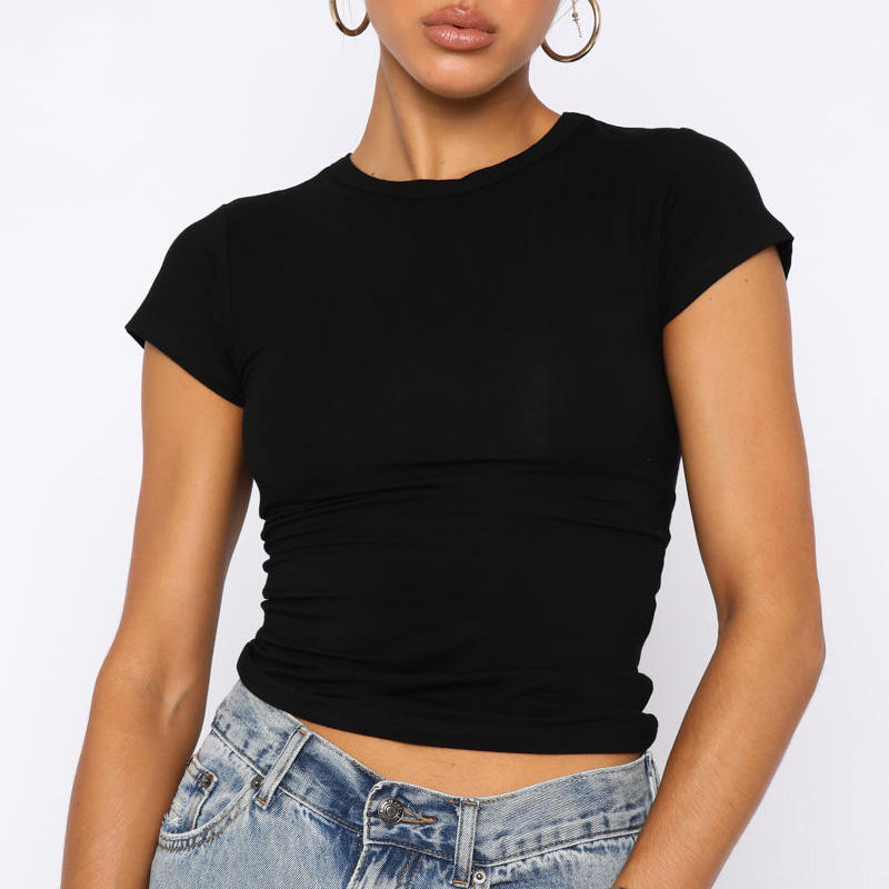 Women's Plain Short Sleeve Yoga Fitness Gym T-Shirts Scoop Neck Slim Fitted Crop Top