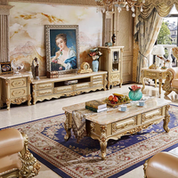 Ensemble de meubles de salon de style européen en bois massif laqué doré, table basse et meuble TV avec rangement, projet clé en main, pour salons luxueux