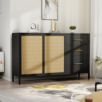 Lemari Samping Lipat Multifungsi Modern Hitam dengan Pintu Rotan Baja, Meja Buffet untuk Perabot Rumah dan Dapur