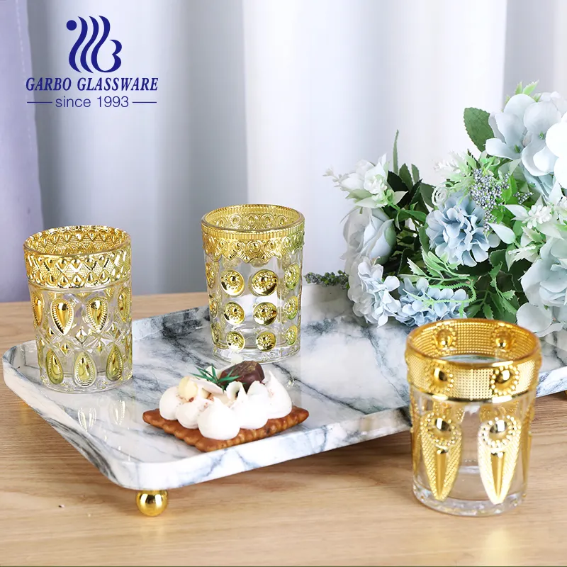 Factory wholesale luxury golden plating water glass tumbler 100ml tea coffee glass cup embossed waterdrop design cups set