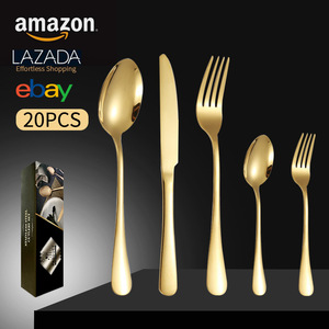 Juego de cubiertos de acero inoxidable de 20 piezas, apto para lavavajillas, para fiestas, vajilla occidental, cuchillo para carne, juego de cucharas doradas - Product Image 5