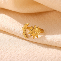 Perhiasan Fanhua Tiktok Terlaris Cincin Baja Anti Karat Lapis Emas 18K Motif Matahari Bulan Celestial