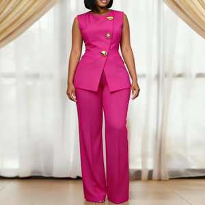 Ensemble tailleur-pantalon rouge élégant pour <span class=keywords><strong>femme</strong></span> – <span class=keywords><strong>Gilet</strong></span> <span class=keywords><strong>sans</strong></span> manches à col rond et pantalon, idéal pour les occasions formelles, les fêtes et le bureau - Product Image 2