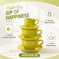 Conjunto de Xícara e Pires de Cerâmica Bicolor Verde Grama e Azul-petróleo para Espresso, Café e Chá, Decoração para Casa, Pedido em Lote